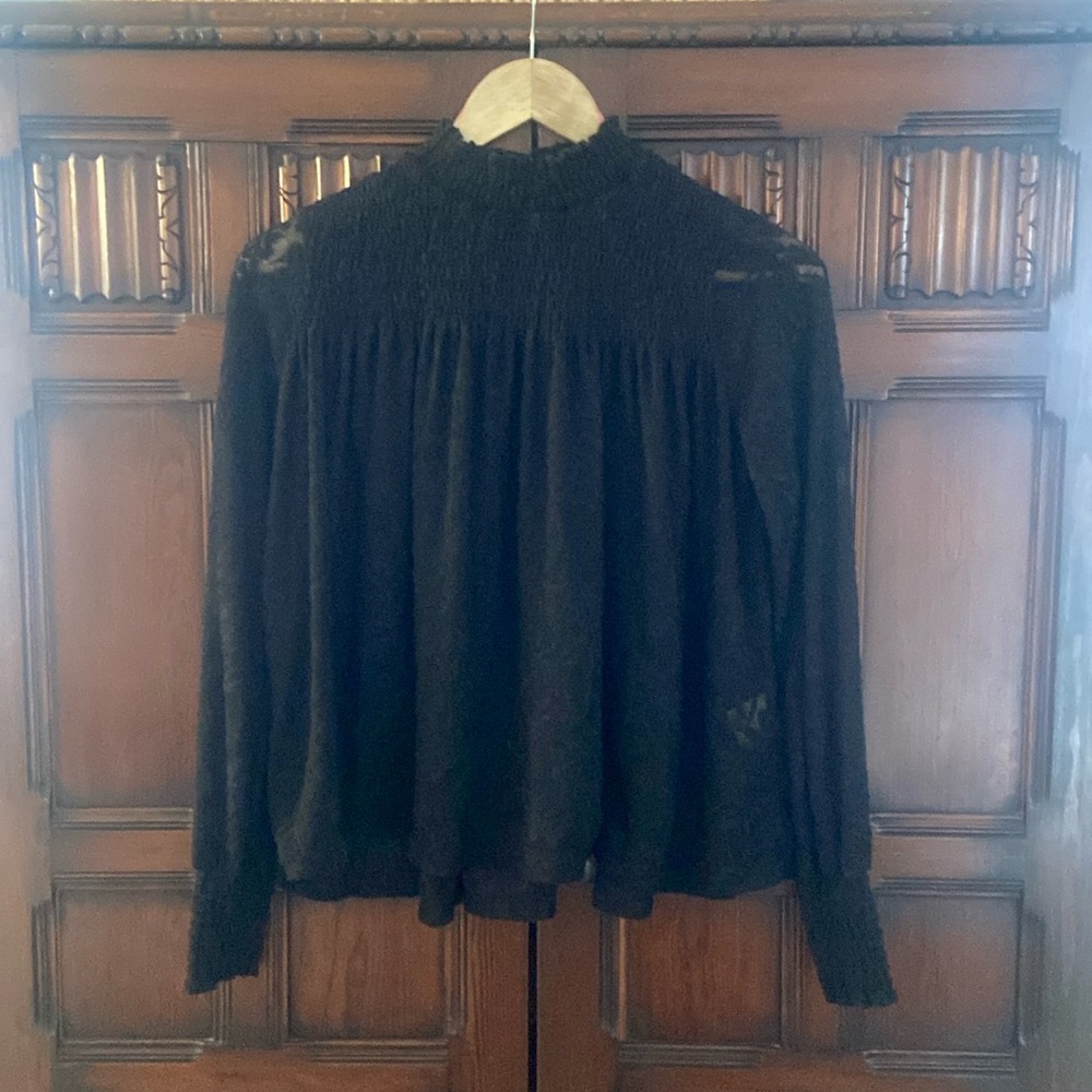 Delicate high neck stretch black lace blouse